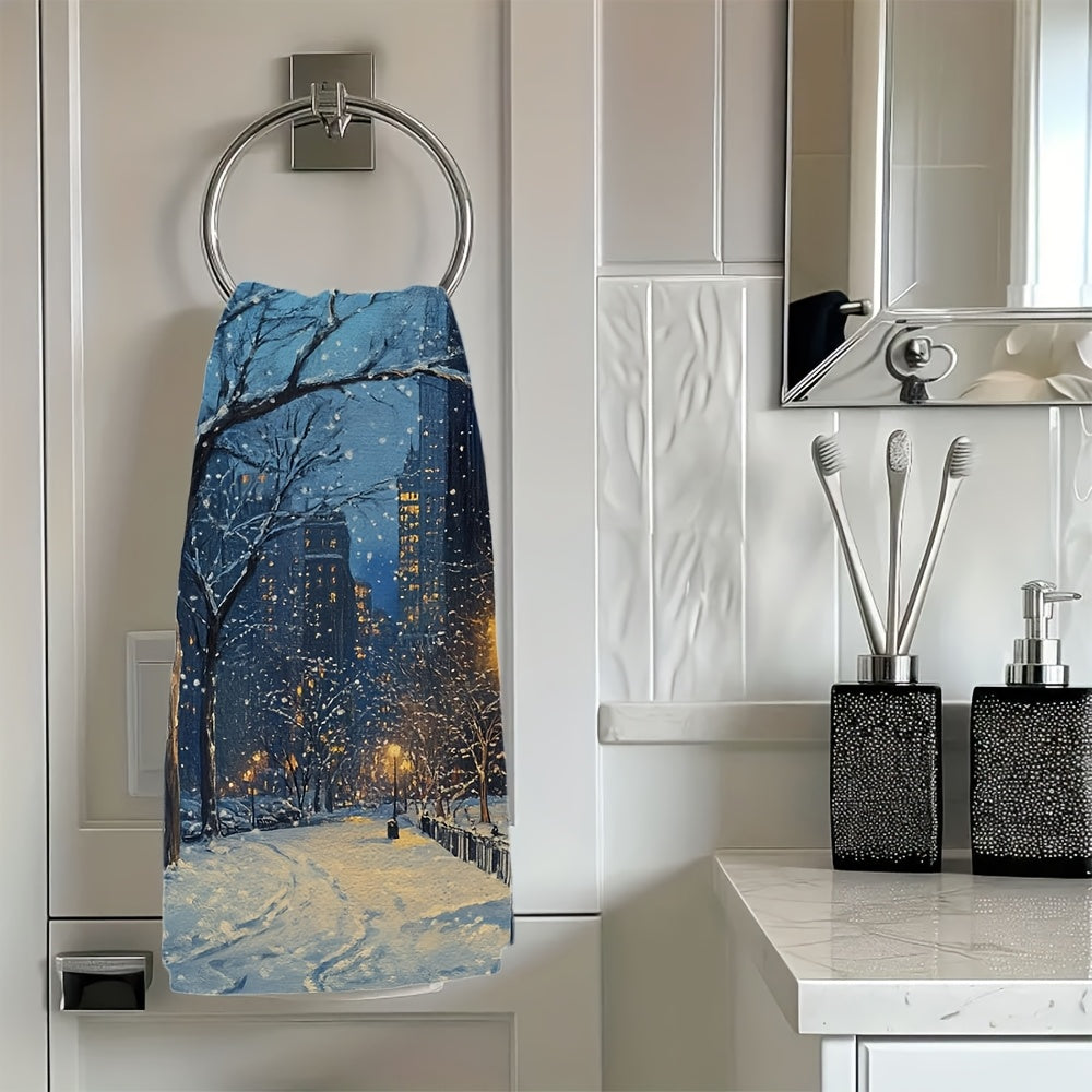 Enjoy the luxury of 2 ultra soft kitchen towels featuring a "Tranquil Snowy Night in City" scene. These highly absorbent and machine washable dish hand towels measure 40.64x60.96 cm and are perfect for adding a touch of holiday decor to your kitchen.