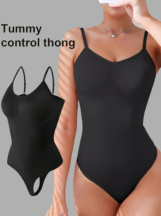 Women's black bodysuit with adjustable straps and snap crotch for seamless tummy control and breathability.