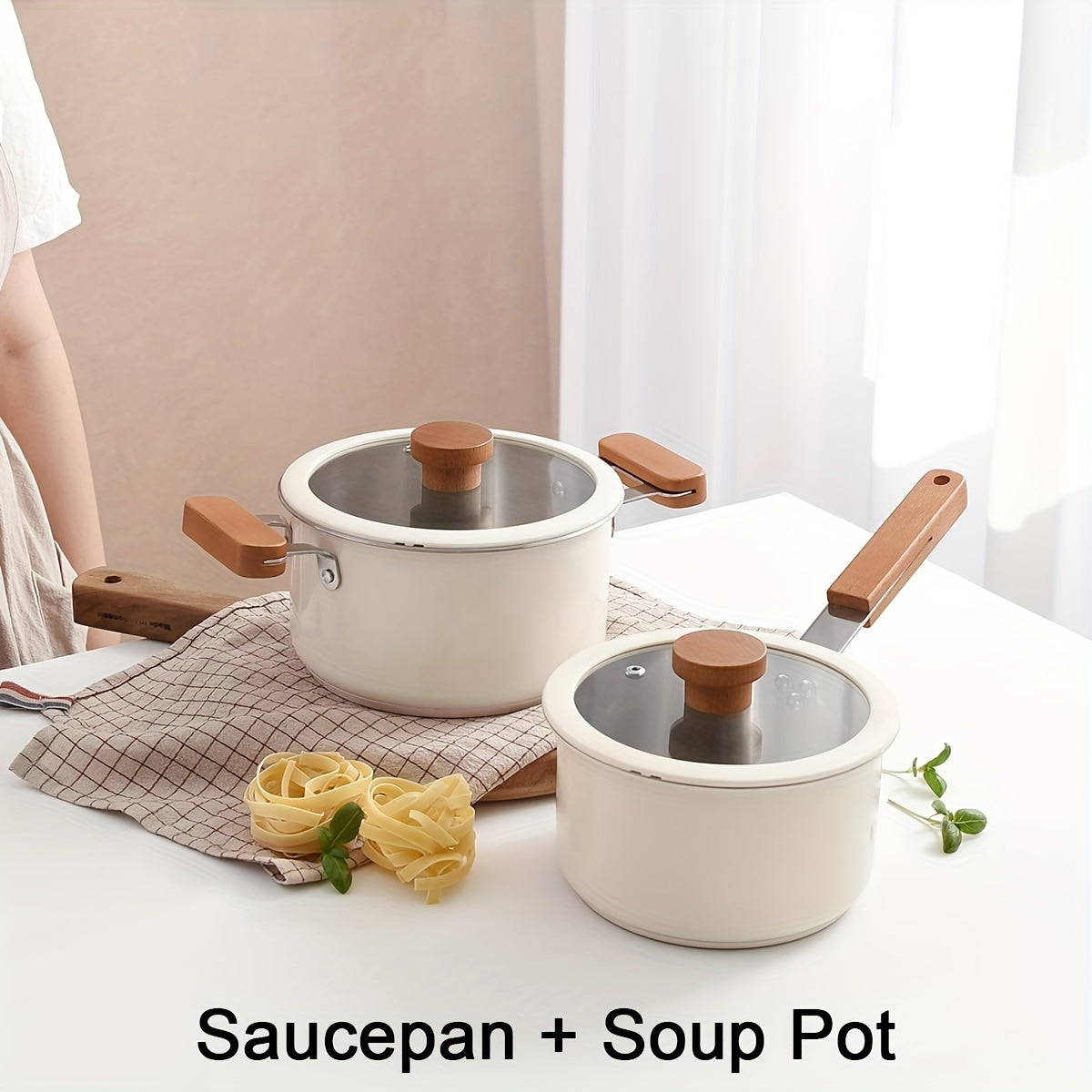 Stainless Steel Kitchenware Set with High Temperature Ceramic Paint, Tempered Glass Lid, and Wooden Handle. Features a 3-layer Aluminum Core Base, Suitable for All Stoves. Includes Beige Sauce Pot, Soup Pot, and Hot Pot.