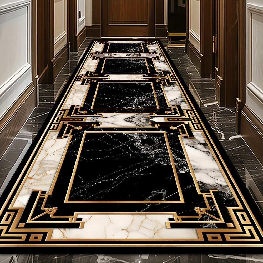 Fashionable runner mat made of non-shedding crystal velvet featuring a marble crack pattern and golden accents. This non-slip, stain-resistant carpet is perfect for use in hotels, banquet halls, coffee shops, or on balconies. Easy to clean with machine