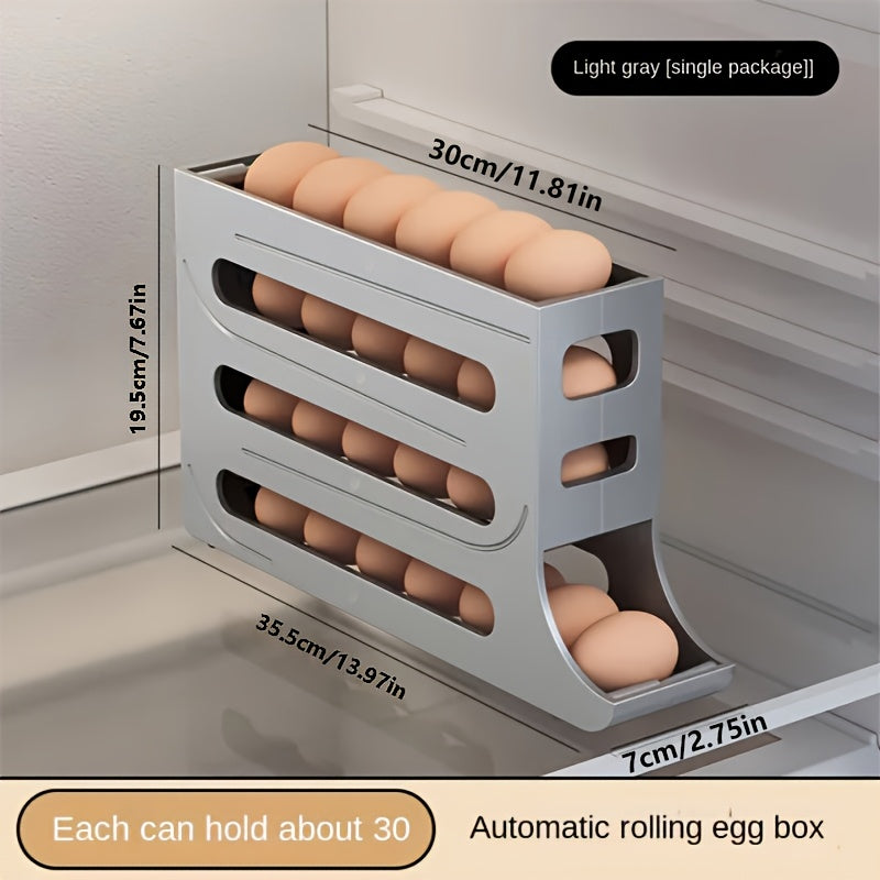 Refrigerator egg storage box with automatic rolling rack and large capacity for eggs, made of ABS material.