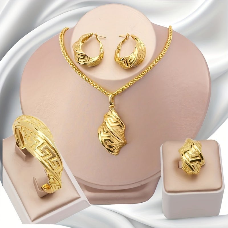 Luxurious and elegant four-piece jewelry set featuring a Middle Eastern style design, crafted from copper and gold plating. This set includes a bracelet, ring, necklace, pendant, and earrings, perfect for a luxury wedding. Made with high quality