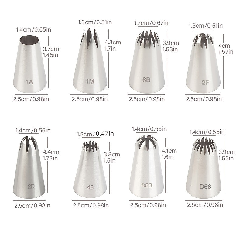 Set of 8 Medium-Sized Stainless Steel Piping Tips for Decorating Cakes, Cupcakes, Cookies, and More - High-Quality Baking Tools Made from Food-Grade Materials