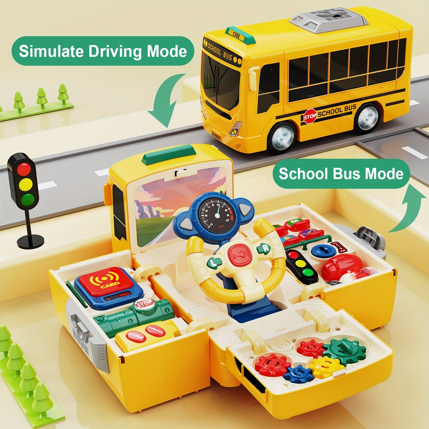 Toy school bus with sound, light, steering wheel, music education, simulation driving, for boys and girls.