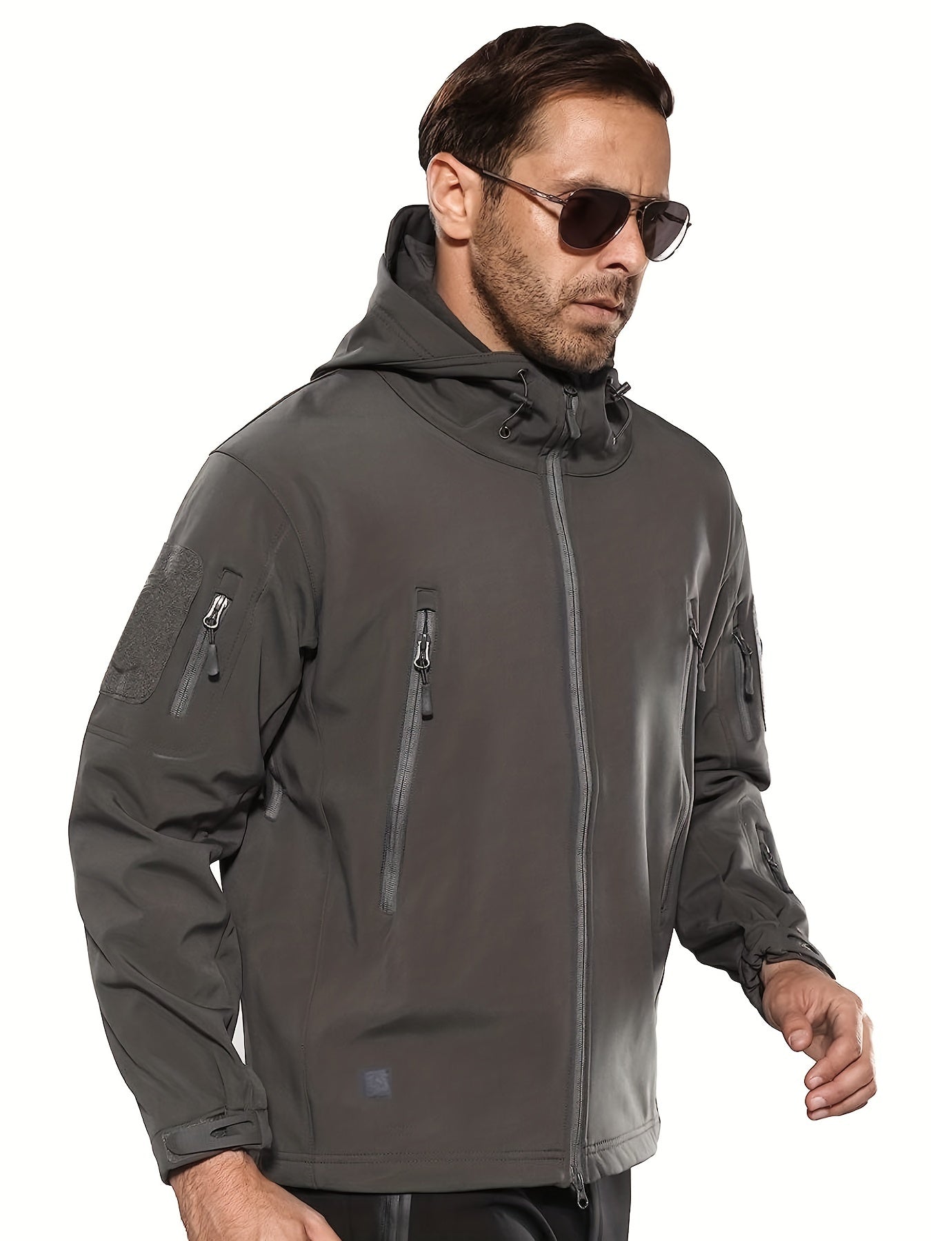 Men's Soft Shell Hooded Jacket - Perfect for outdoor activities, machine washable, polyester blend.