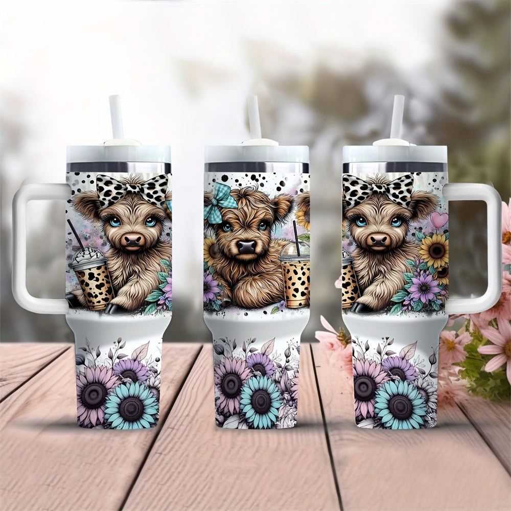 Stainless steel tumbler with handle and straw, featuring Highland Cow and Sunflower design, ideal for coffee, milk, and beer. Great Christmas gift for loved ones. Festive and durable beverage container.