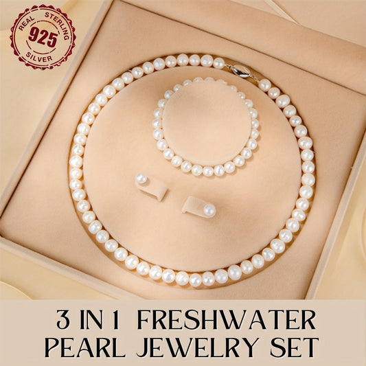 Set of 3 Elegant 925 Sterling Silver Freshwater Pearl Jewelry Pieces - Timeless Necklace, Bracelet, and Earrings with Faux Leather Gift Box, Ideal for Weddings, Valentine's Day, and Mother's Day - Suitable for All Seasons