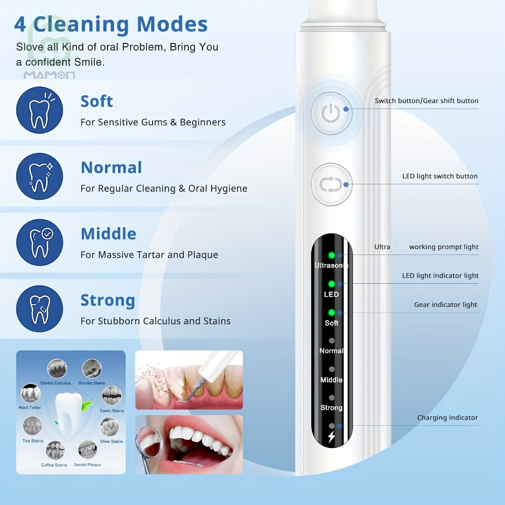 MAMON Ultimate Teeth Cleaning Kit: Rechargeable Plaque & Tartar Remover with LED Light, Stainless Steel Dental Tools, 4 Heads Included - White