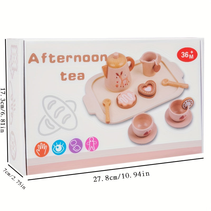 Wooden tea set for little girls, children's tea parties and toy kitchen role-playing.