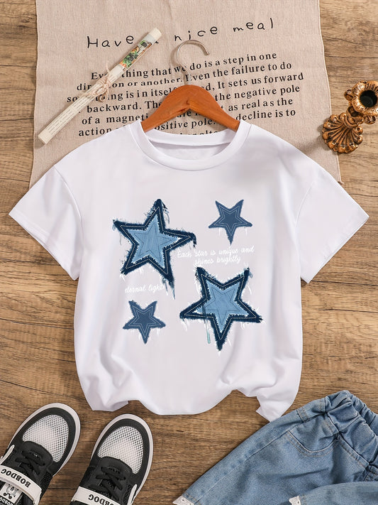 Soft knit fabric large star print tee, perfect for spring/summer with a round neck and short sleeves.