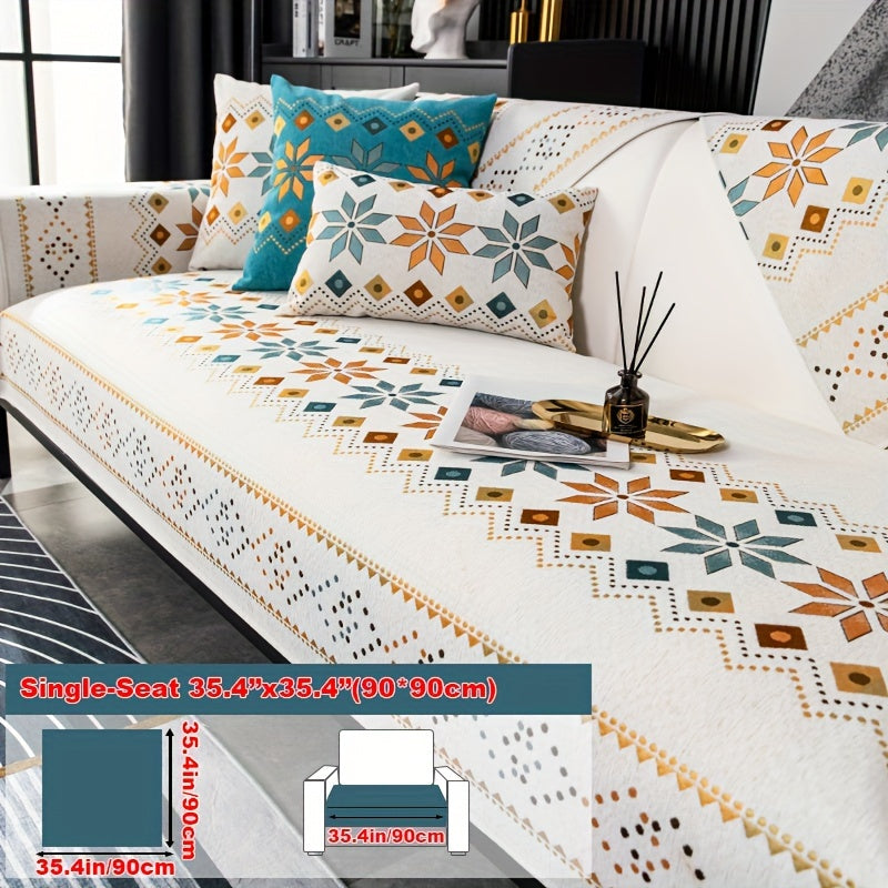 Bohemian four seasons chenille sofa cover with geometric embroidered pattern, offers sofa protection and non-slip feature for home decoration in bedroom, office, and living room.