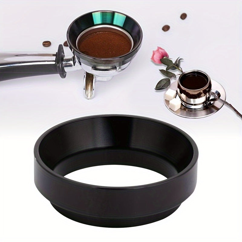 Golden espresso dosing funnel made of lightweight aluminum, available in 51/53/58mm sizes with a magnetic attachment. This coffee dosing ring fits snugly onto the coffee machine handle to prevent splashing during the dosing process.