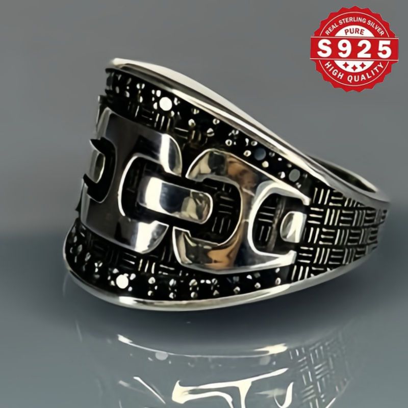 925 Sterling Silver Band Ring with Vintage Style and Unisex Handcrafted Gothic Chain Pattern. Features Natural Agate Inlay and Silver Plating, perfect for Him as a unique gift. Ideal for Weddings, Parties, Daily Wear, with the June Birthstone and for