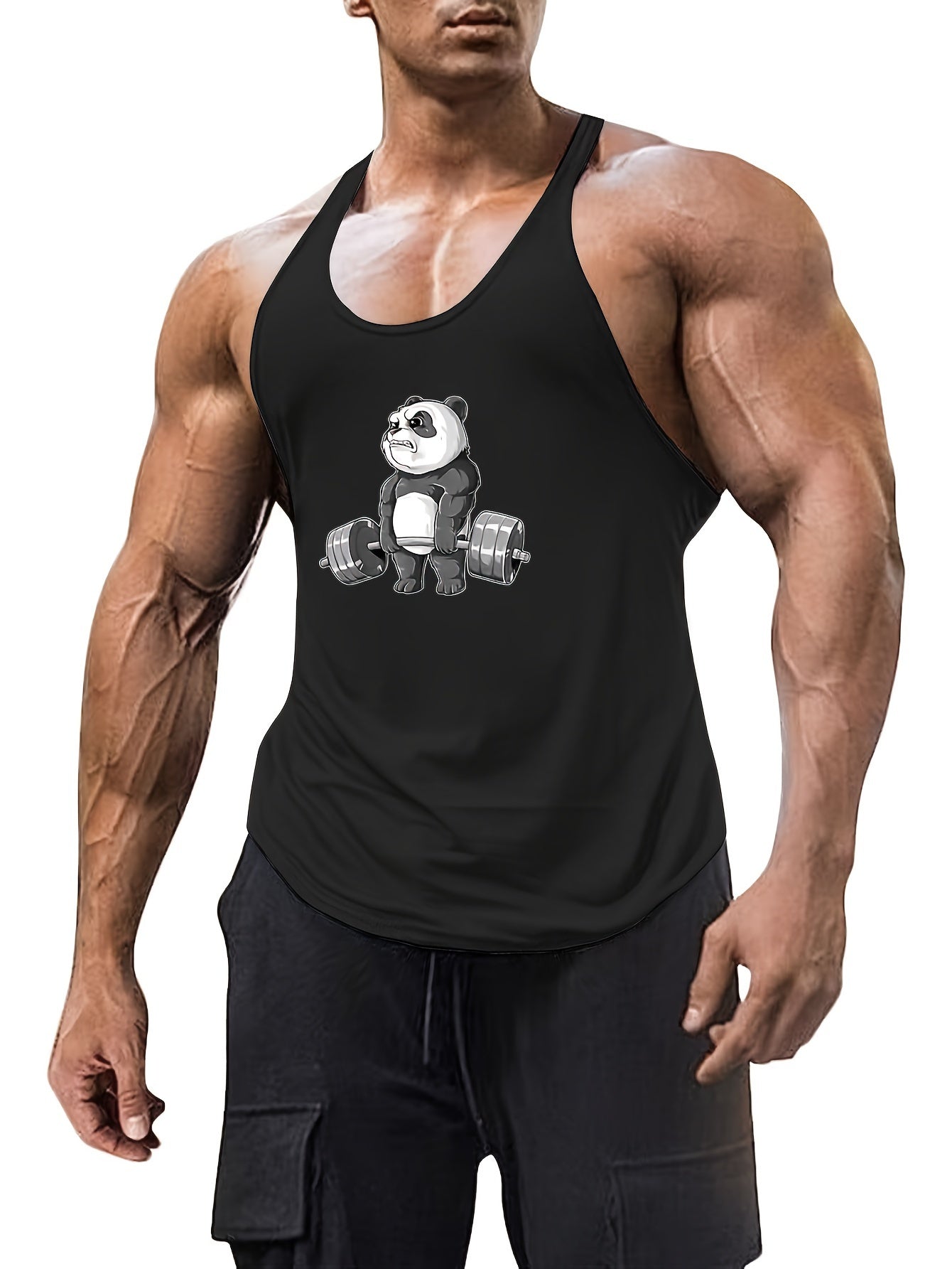 Casual, sleeveless, breathable tank top with cartoon panda print for men.