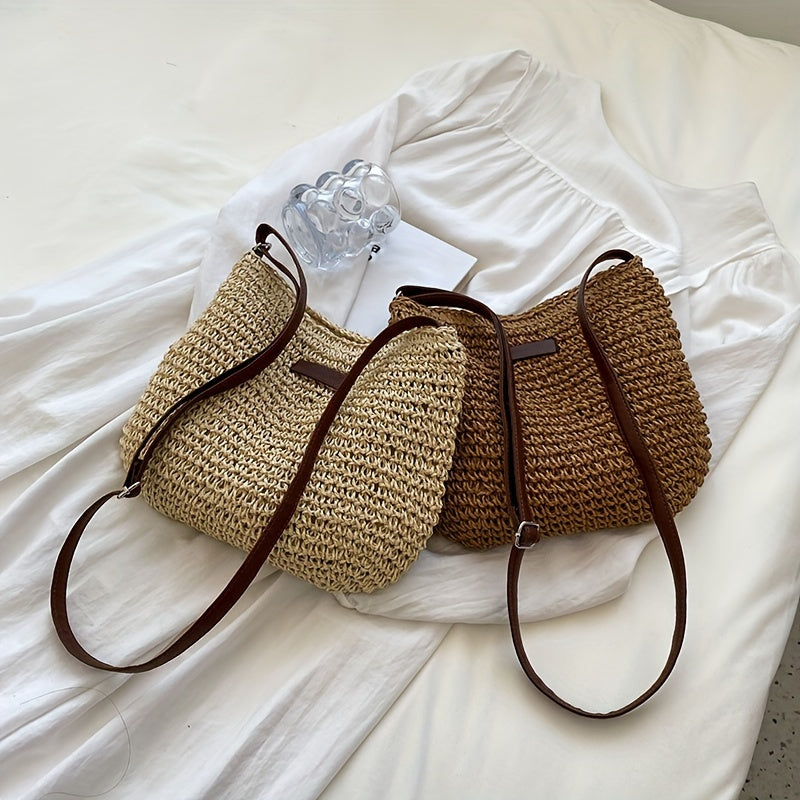 Handmade rattan crossbody bag for women, woven straw shoulder bag for summer.