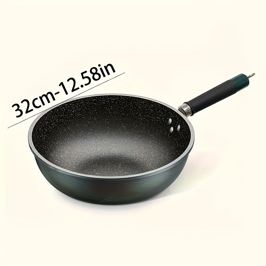 The Emerald Green Non-Stick Cast Iron Skillet comes with an optional Tempered Glass Lid. It is versatile for frying, stirring, and stewing and is compatible with all stovetops. This skillet is easy to clean and can be used on stone pots, outdoor BBQs