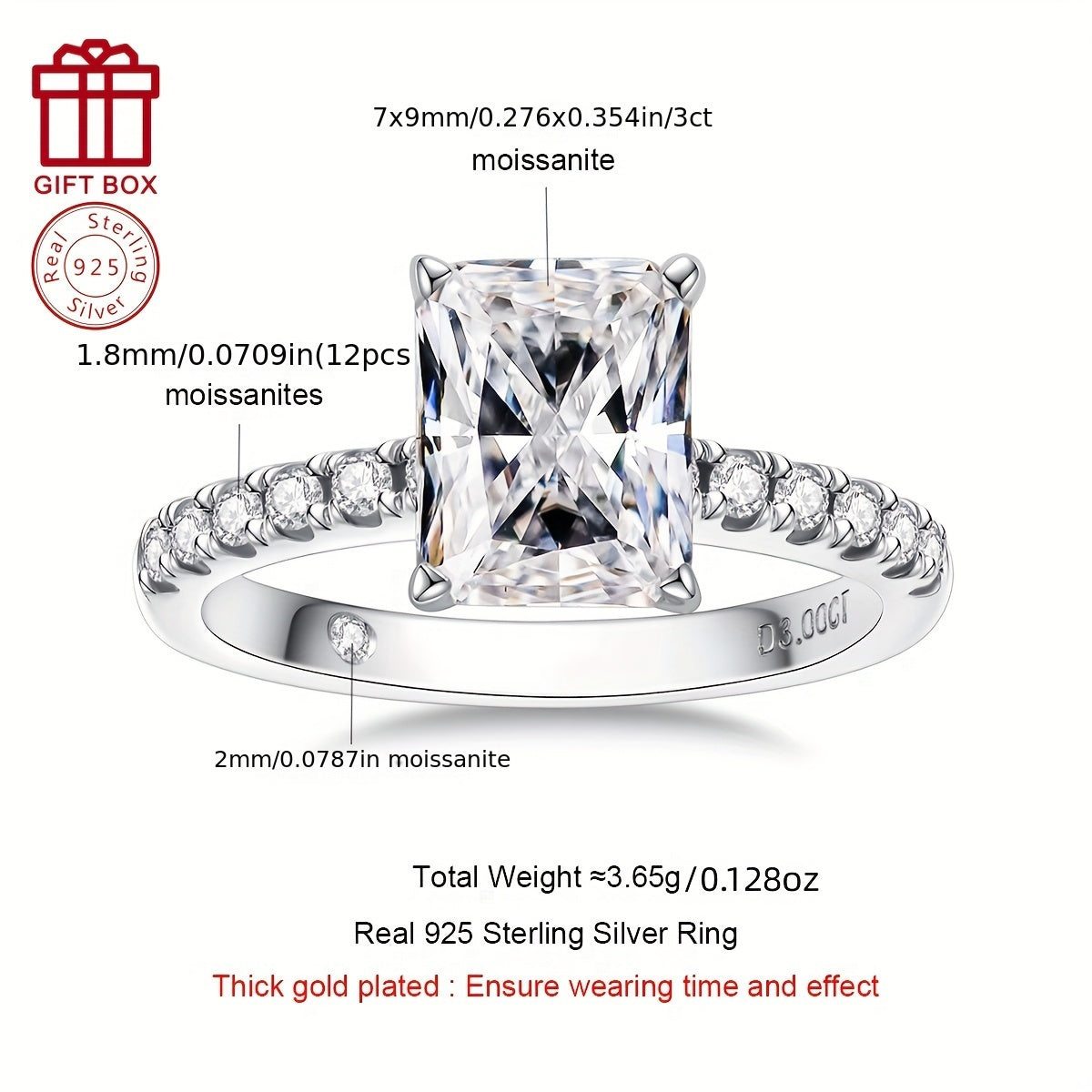 This fashionable women's wedding anniversary gift features an elegant 925 sterling silver ring set with a stunning 3CT moissanite stone in a four-prong setting. The Radyen ring measures 7x9mm and weighs 3.65g, making it the perfect gift for a friend or