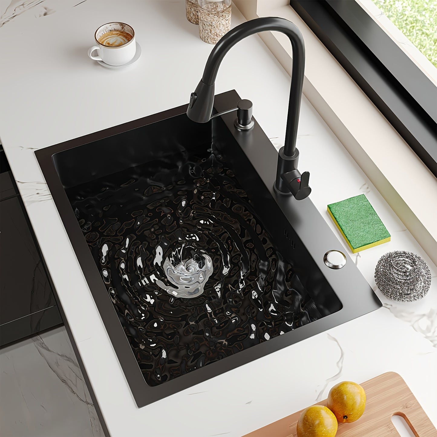 Single bowl black stainless steel kitchen sink with center drain, pull-out faucet for easy cleaning, and quick drainage. Resistant to stains and oil.