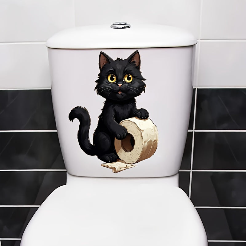 1pc Cute Black Cat Toilet Paper Sticker for Home Bathroom, Easy-to-Apply, Self-Adhesive, Disposable Decor for Restroom.