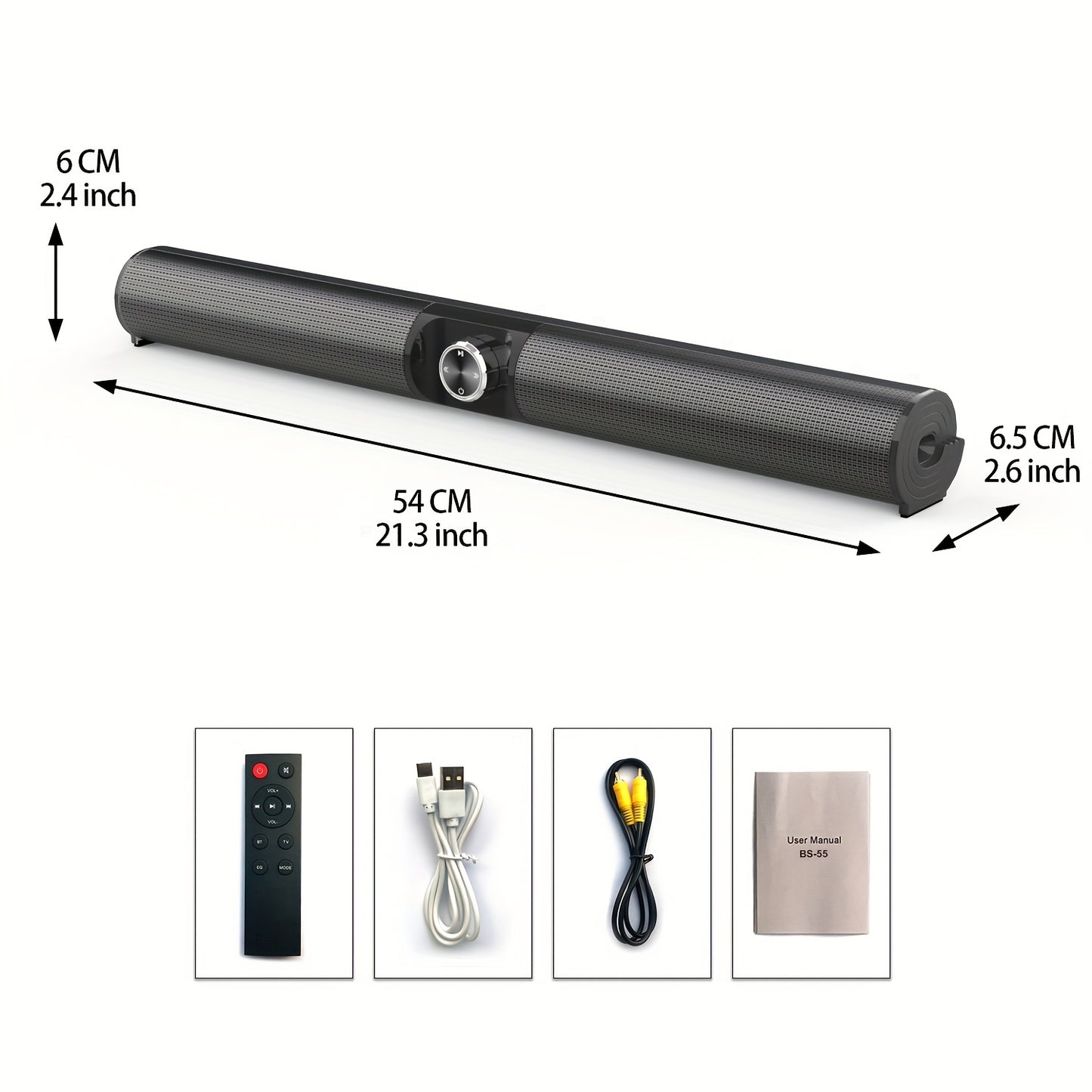 Wireless 5.3 soundbar with powerful bass, surround sound, USB & AUX input, tabletop stereo system, button control, IR receiver, 2000mAh battery, Type-C charging - perfect for music players.