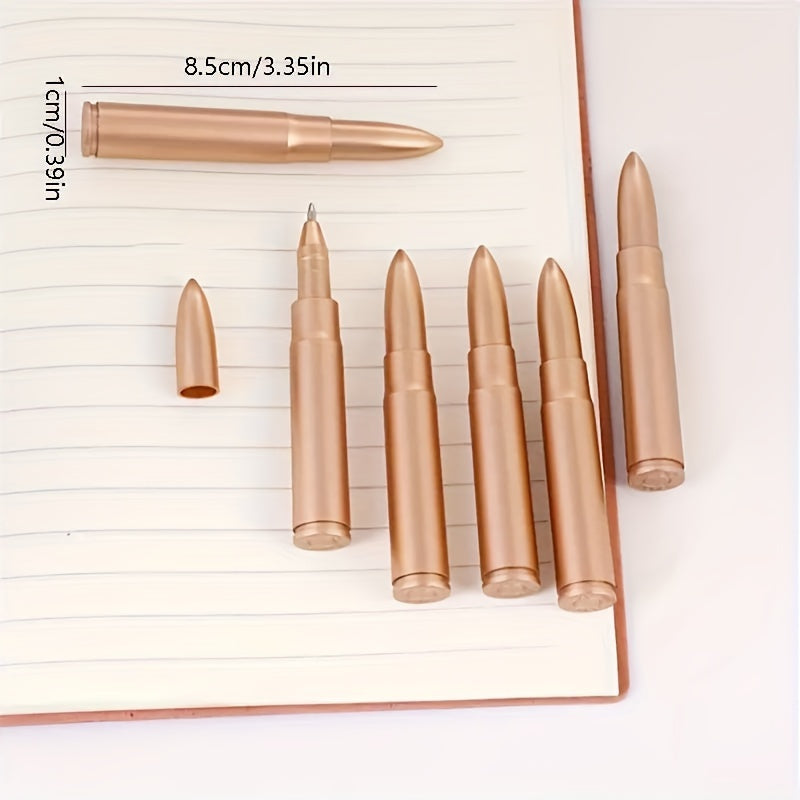 Six Golden Bullet Shaped Ballpoint Pens with Click-Off Cap - Blue Ink, Medium Point