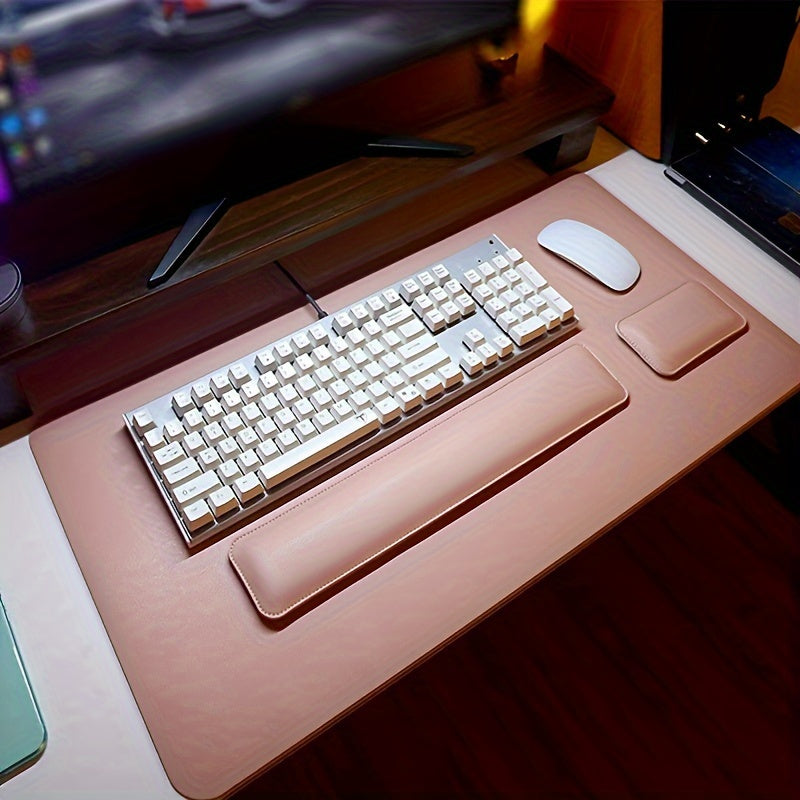 Ergonomic 3-piece desk set includes large faux leather mouse pad, keyboard mat, and wrist support for non-slip office desk protection.