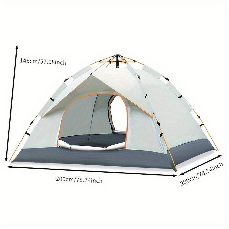 Fully automatic 4-person tent in lush green with durable poles, waterproof polyester blend, easy zip closure, portable for all seasons.