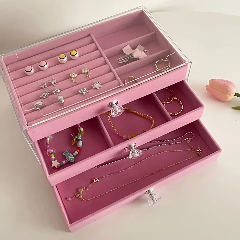 Luxurious Velvet Acrylic Jewelry Storage Box with 3 Drawers, Stackable and Displayable, Ideal for Women's Accessories.