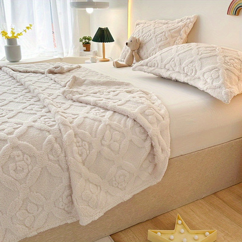 1pc, Fleece Three-Leaf Clover Embroidered Bed Blanket with Modern Style Polyester Fiber 3D Embroidery in White. Suitable for all seasons, machine washable, 250-300g fabric weight. Geometric