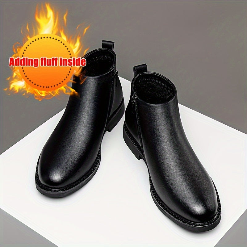 Men's classic mid-top ankle boots with solid color faux, round toe, rubber sole, and slip-on or zippered closure. Suitable for daily wear, parties, and business.