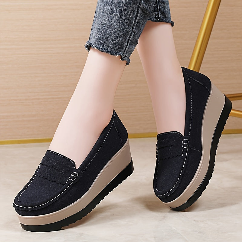 Women's slip-on loafers in solid color, lightweight faux comfort shoes with plain toe design for all seasons.