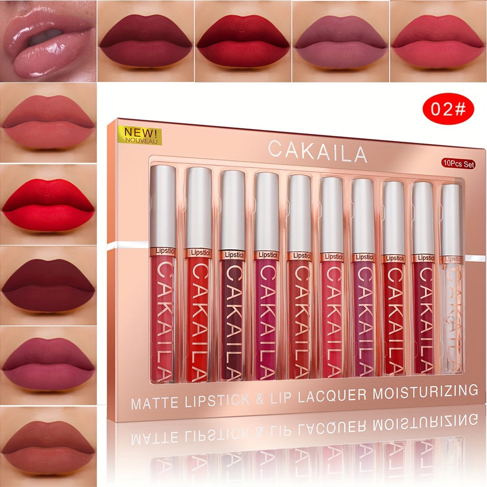 CAKAILA 10pcs Matte Lip Gloss Set in Red Shades, Long-Lasting, Waterproof, Non-Fade, Matte Finish, Suitable for All Skin Types and Adult Use