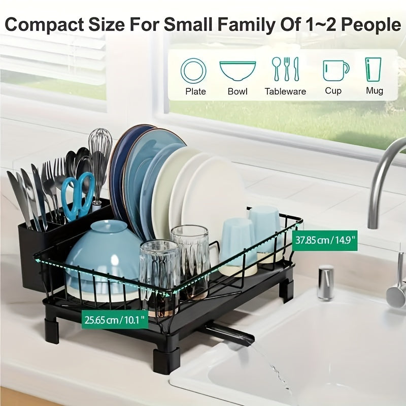 Single layer dish drying rack with utensil holder and drain spout, designed for kitchen countertop and sink. This large capacity dish rack is compact and efficient, perfect for organizing and storing kitchen accessories.