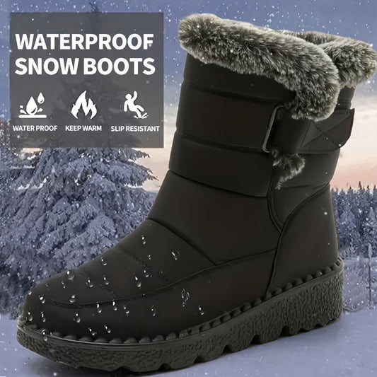 Women's cozy winter snow boots with warm fleece lining, waterproof features, thick traction sole, non-slip, black color. Ideal for outdoor adventures.