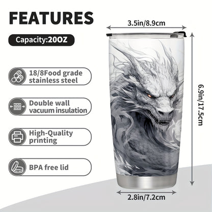 Stainless steel tumbler featuring a 3D dragon design, leak proof and BPA free. Vacuum insulated for outdoor activities. Ideal gift for holidays and birthdays.