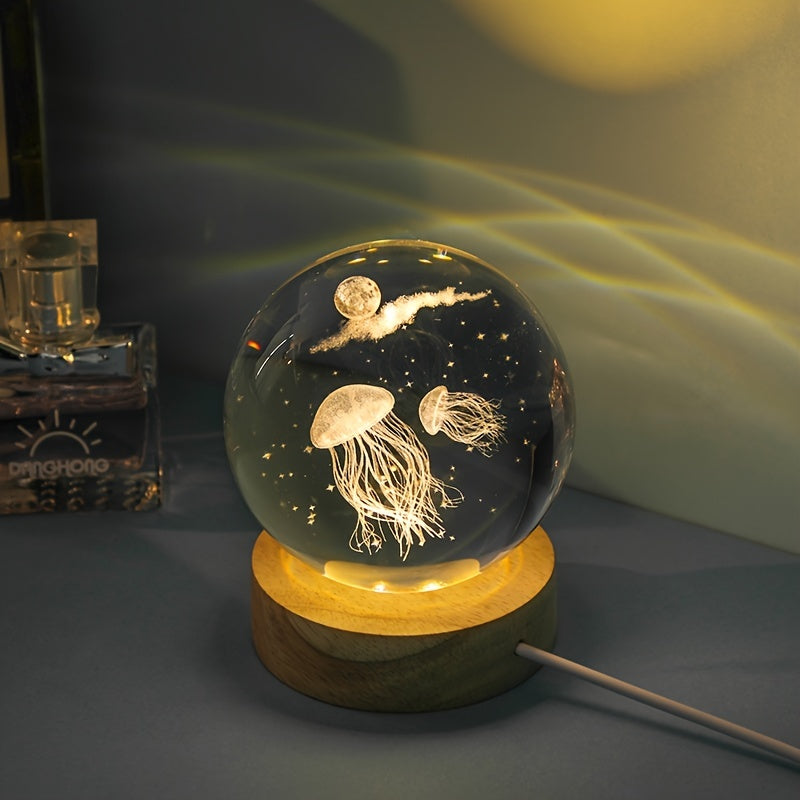 3D Dream Jellyfish Laser Engraved Crystal Ball LED Night Light - Perfect Creative Birthday Gift for Girlfriend, Classmate, or Wife.