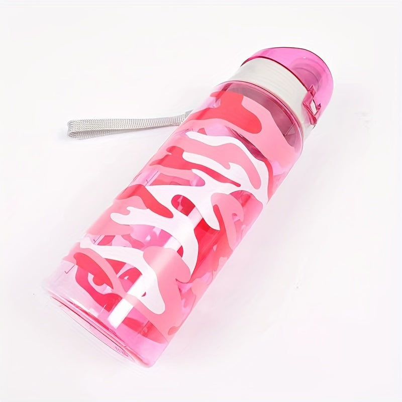 Camouflage sports water bottle, 600ml capacity, ideal for camping, hiking, fitness, and outdoor activities. Suitable as a birthday gift for travel enthusiasts.