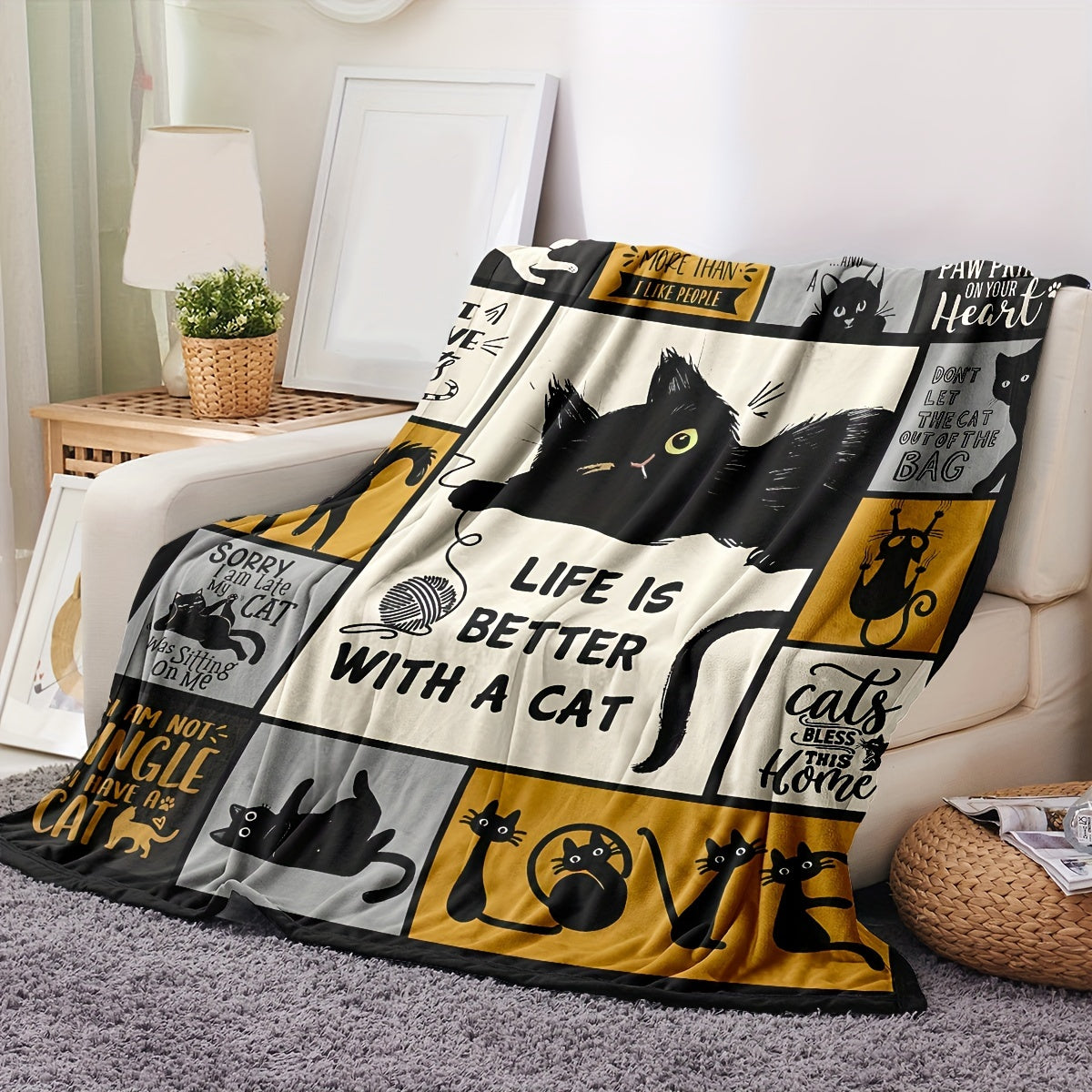 Stay cozy this Halloween with our 1pc Black Cat-themed blanket! Made with lightweight flannel, this portable blanket is perfect for use in the sofa, bed, travel, camping, living room, office, couch, chair, and bed. This soft and warm gift blanket is a