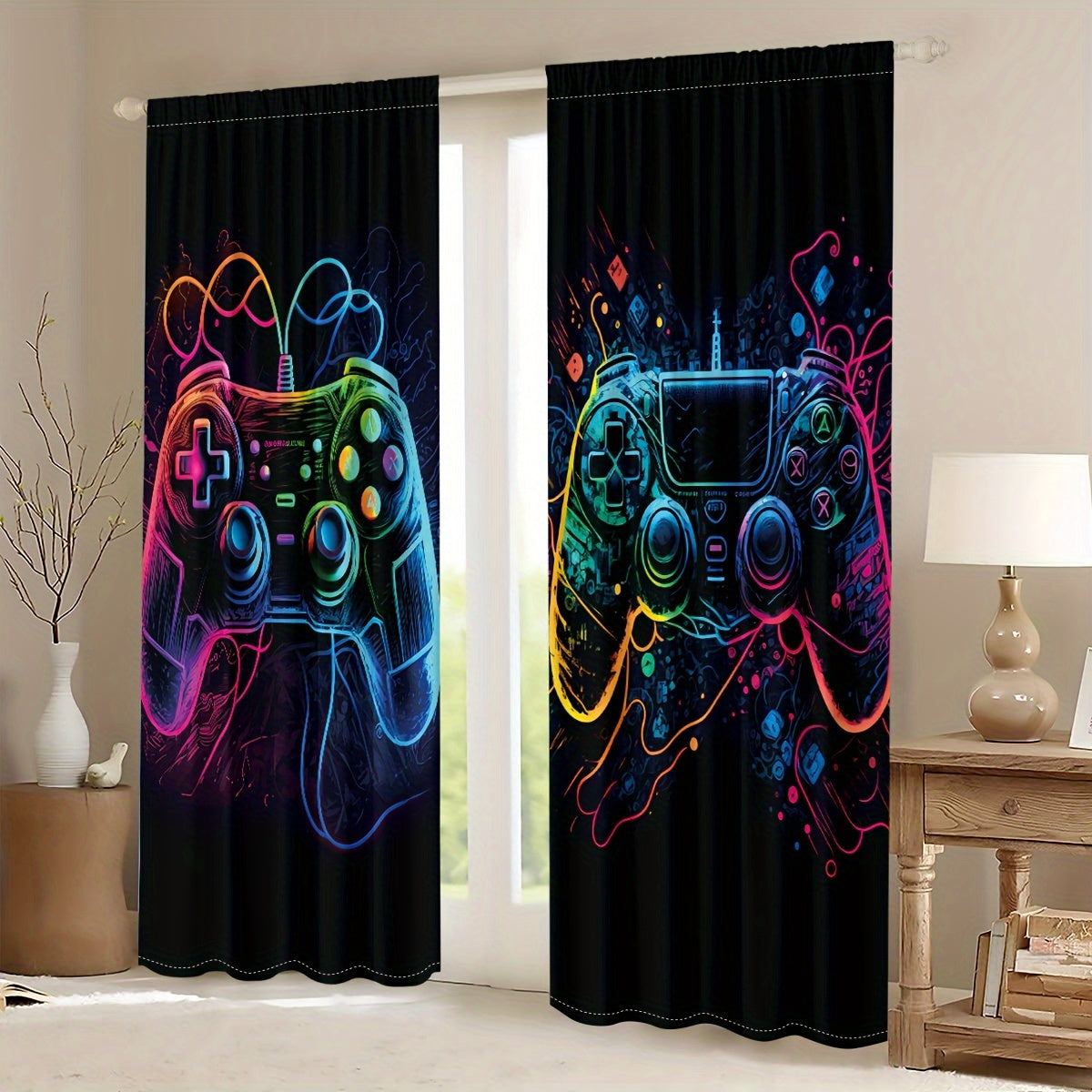 Two player game controller design living room curtain screen-printed with a colorful game console pattern. This semi-transparent curtain provides privacy and is suitable for both the bedroom and living room.