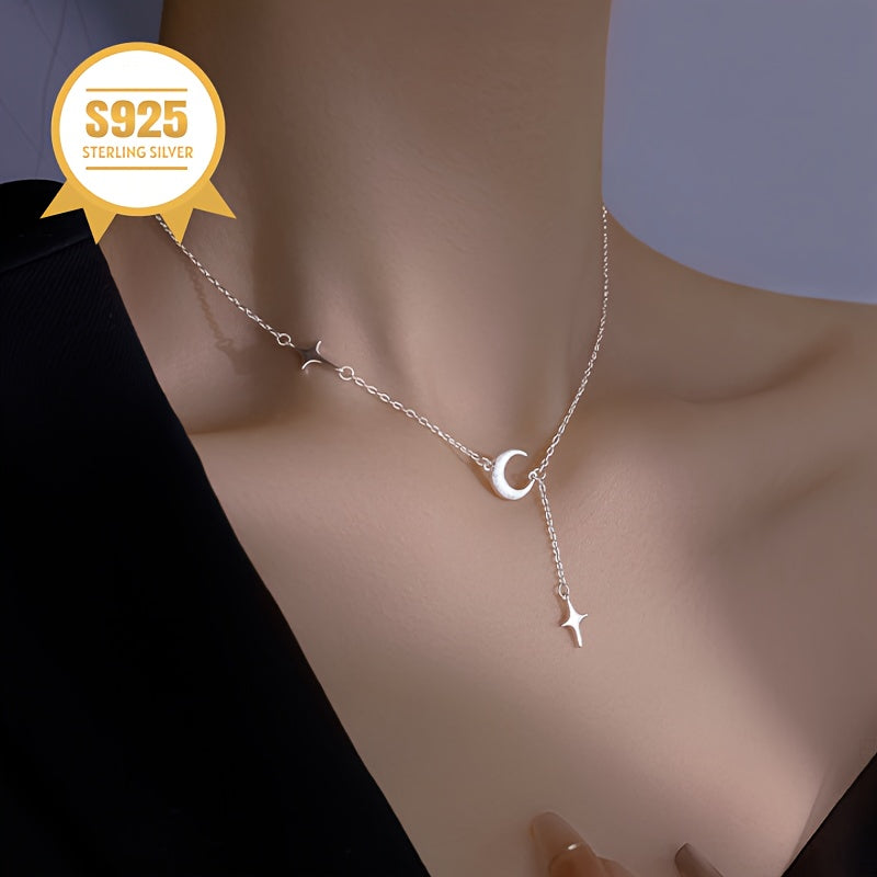 This elegant necklace is designed for women with allergies, crafted from 925 sterling silver. It features a charming star and moon tassel pendant, showcasing a minimalist and one-of-a-kind design. Ideal for Valentine's Day or Mother's Day gifts, it comes