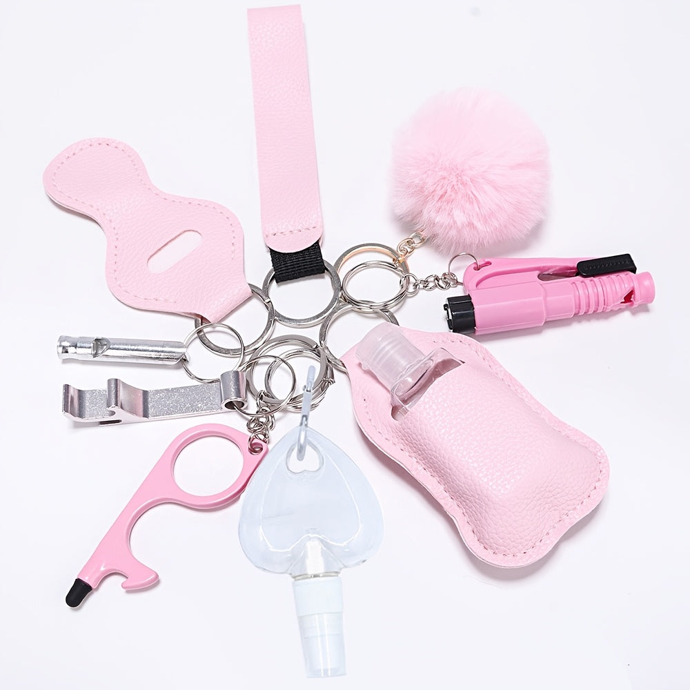 A set of 10 self-defense items for women, including a window breaker, spray bottle, lipstick holder, and other accessories. Perfect for birthday gifts for moms and women.