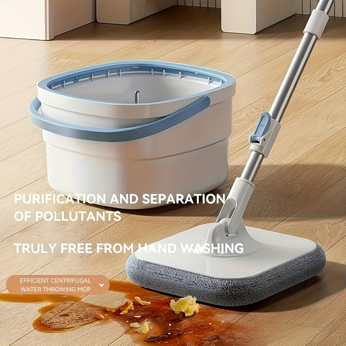 Achieve Effortless Cleaning with Stainless Steel Flat Mop and Bucket Set, featuring Dirt-Separating Bucket and No-Hand Wash System. This efficient centrifugal water throwing set is perfect for use in the home, including living room, bedroom, bathroom