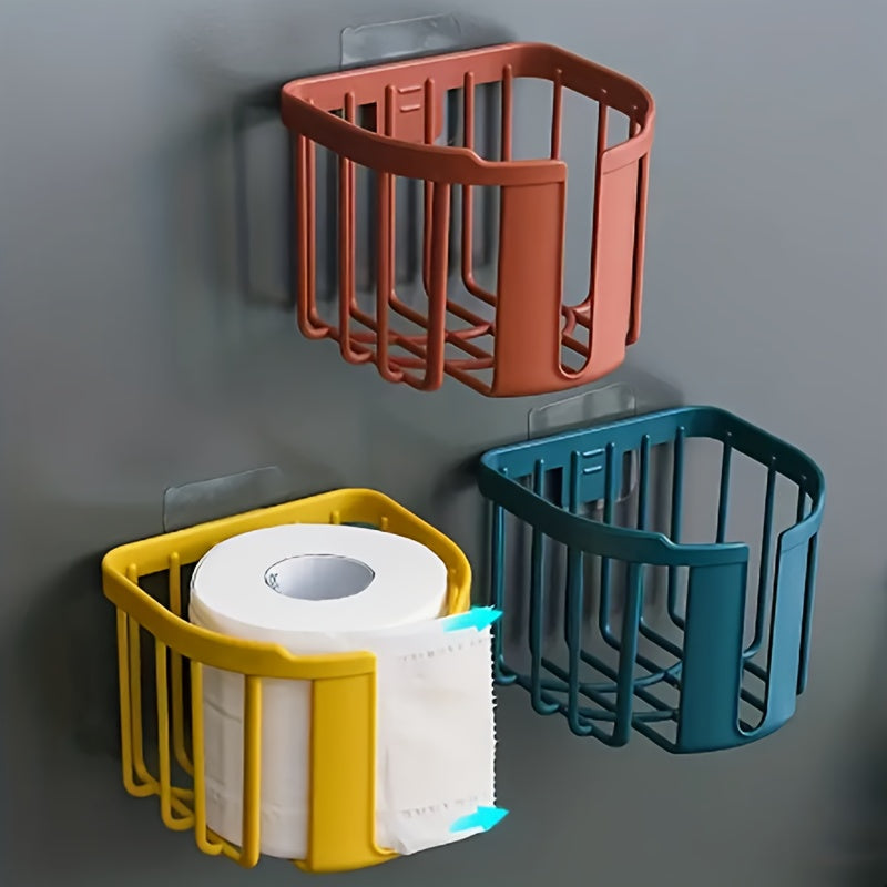 Wall-mounted toilet paper holder with punch-free installation, storing toilet tissue and roll paper for a stylish bathroom.