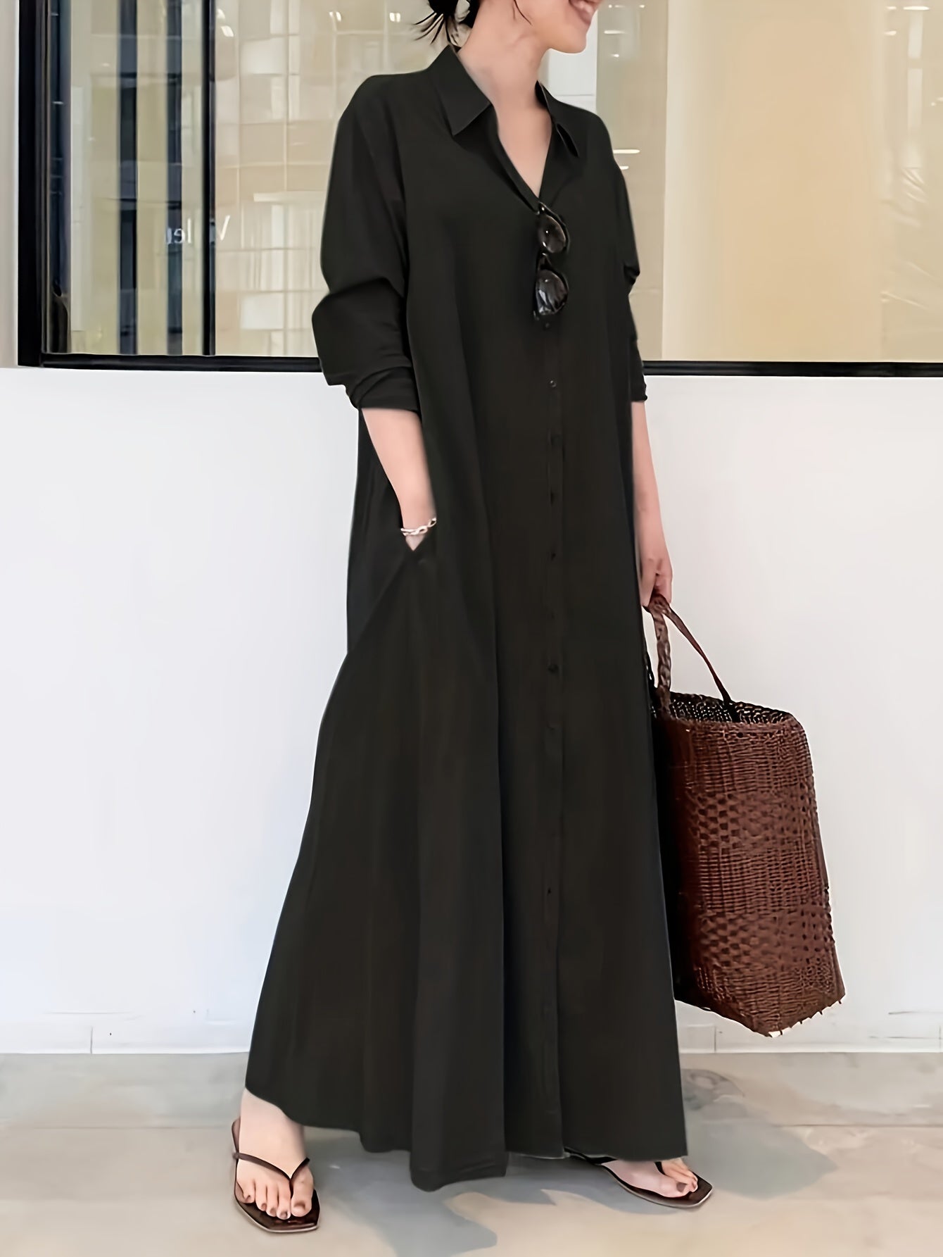 Elegant olive green maxi shirt dress in minimalist design, made from chic non-stretch polyester. Features a collar and is machine washable. Versatile for all-season wear by women.