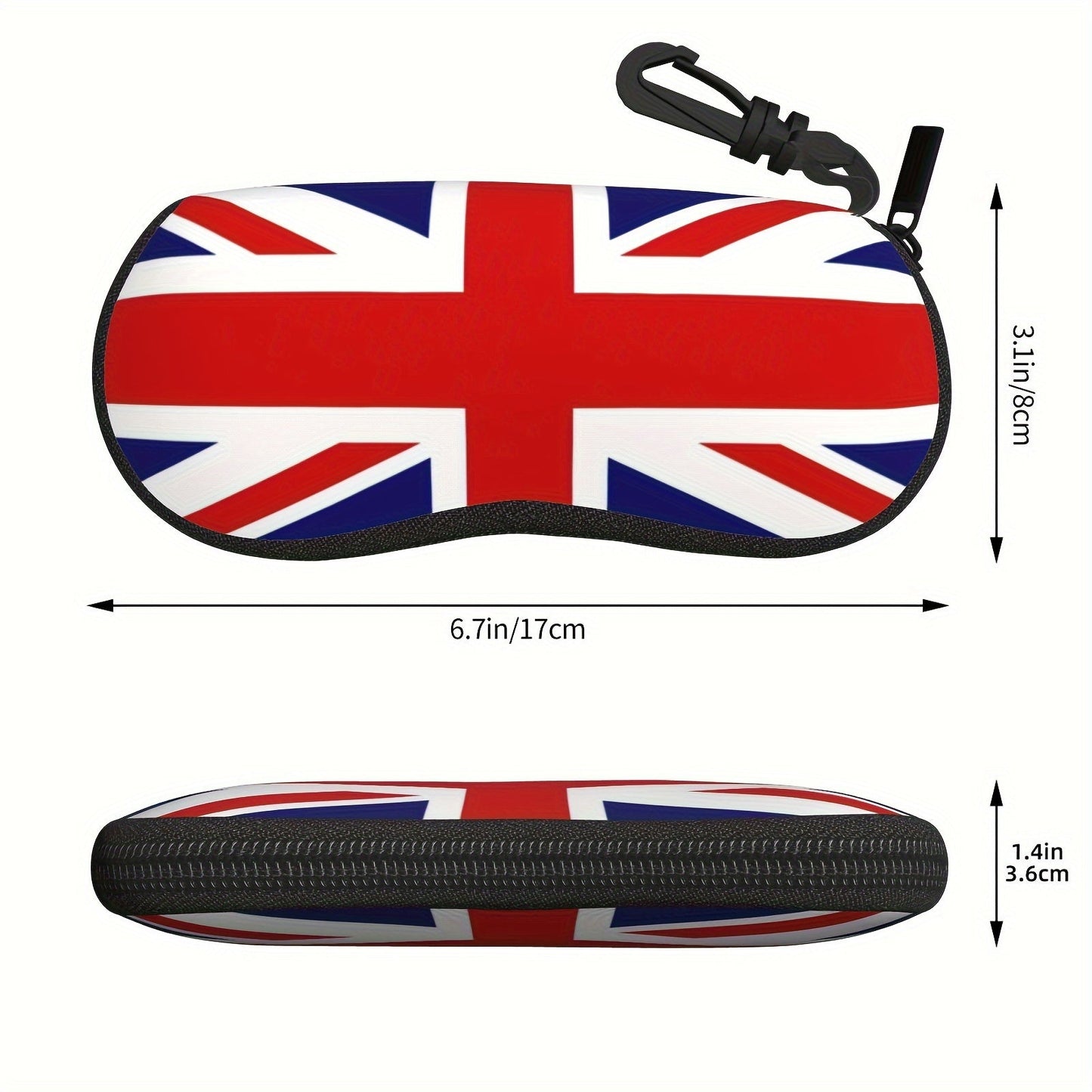 Waterproof glasses case featuring British flag print and keychain, made of ultra-light and soft neoprene material. Ideal for storing fashion eyewear and reading glasses, suitable for both men and women on the go.