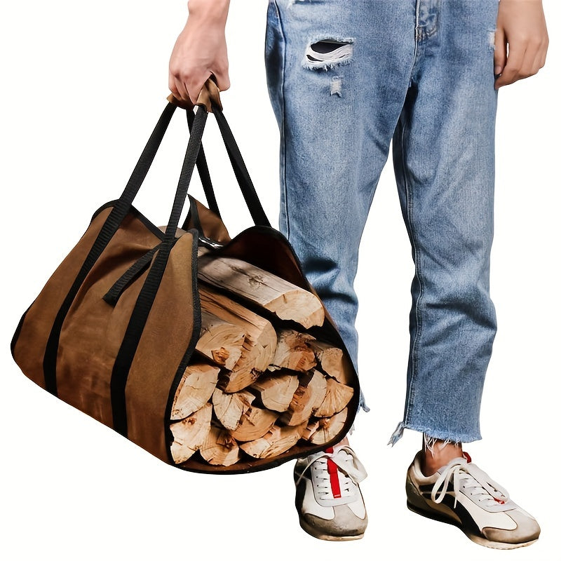 Sturdy Canvas Firewood Carrier with Strong Handles, Portable Log Tote, Versatile Wood Storage Sling, Indoor Fireplace Essential, Rustic Fire Pit Accessory, Durable Build