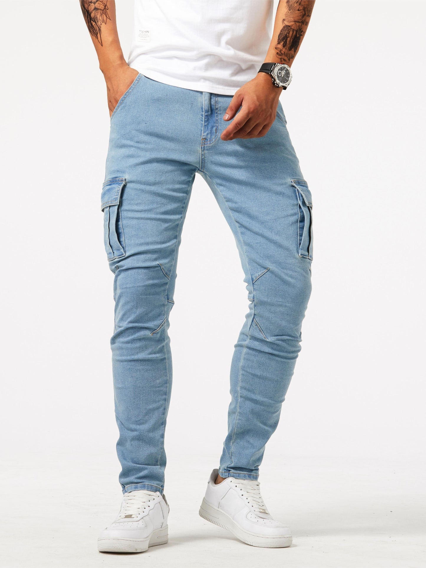 Men's slim jeans with multi-pockets, high stretch denim blend, solid color, washed finish, skinny fit, regular length, and 385g/m² weight - ideal for teens.