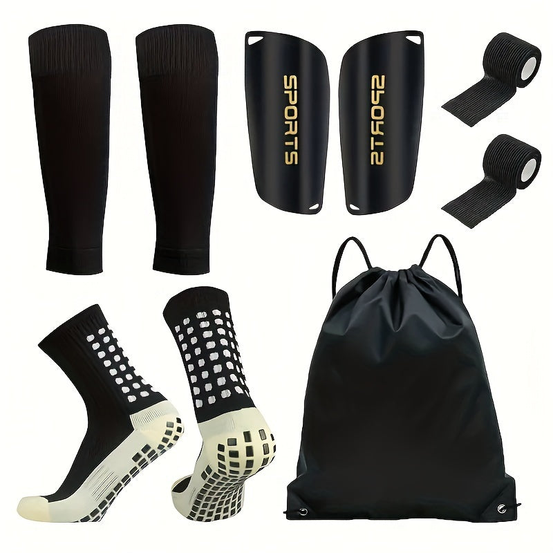 5-piece football gear set for both men and women. Includes anti-slip socks, comfortable leg sleeves, and durable sports guards. Ideal for outdoor sports like basketball and yoga. Made of