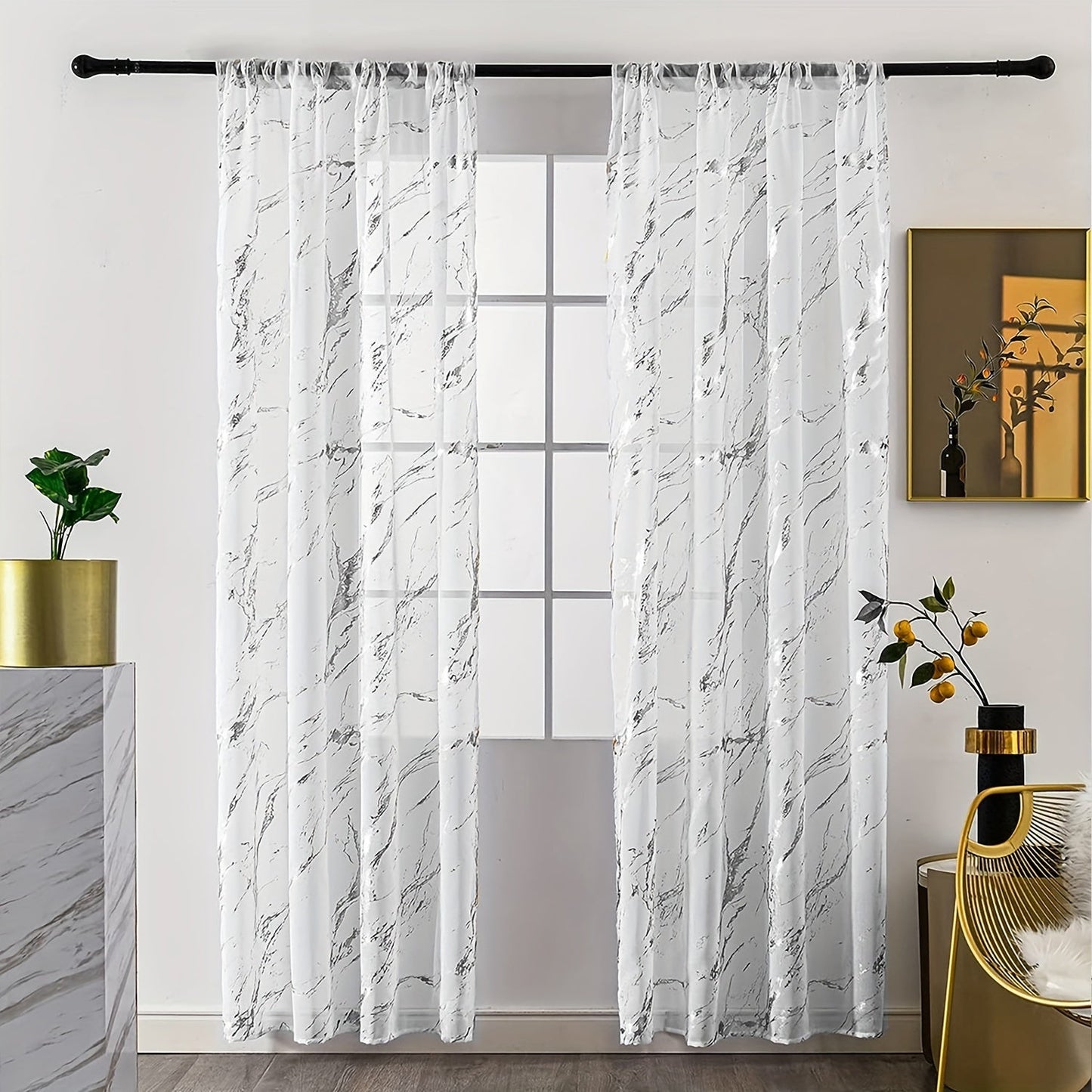 Elegant sheer curtains featuring a marble pattern print, perfect for enhancing the decor of living rooms, bedrooms, and office windows.