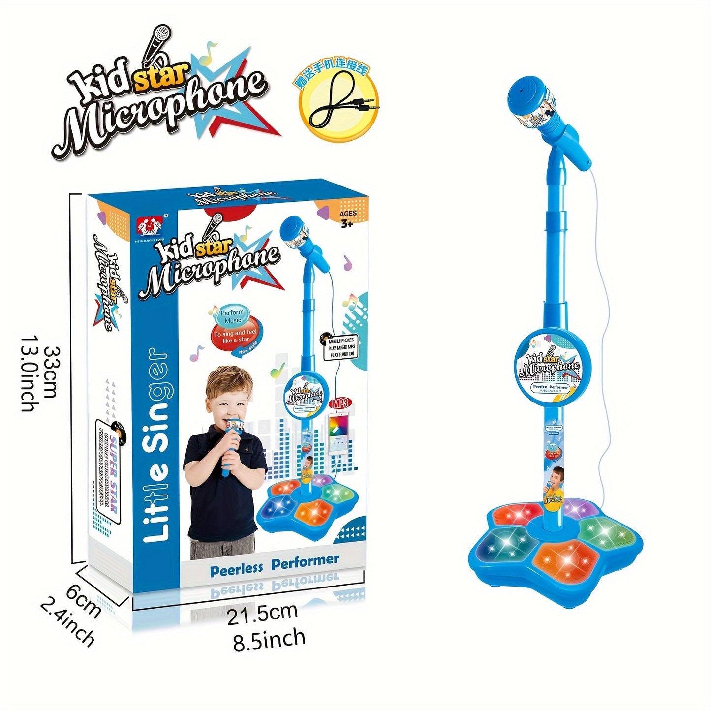 Kids' Karaoke Microphone with Stand - Adjustable height, light effects, MP3/phone connectivity. Perfect birthday gift for boys & girls, engaging, educational toy. Brain-training music